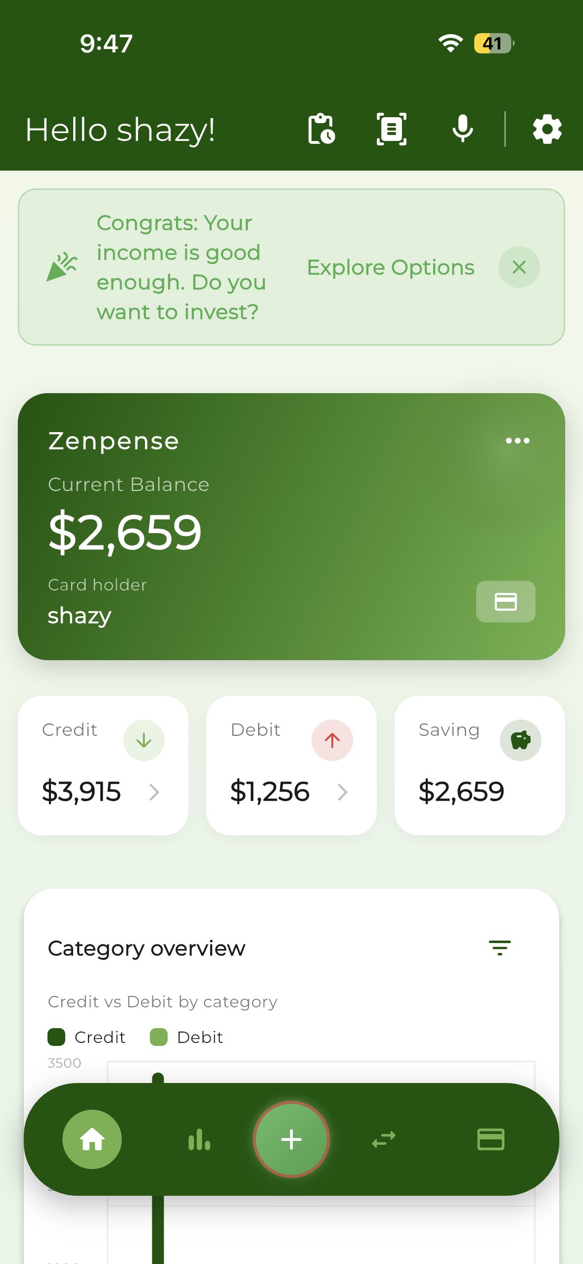 Zenpense dashboard showing balance, credit, debit and savings overview