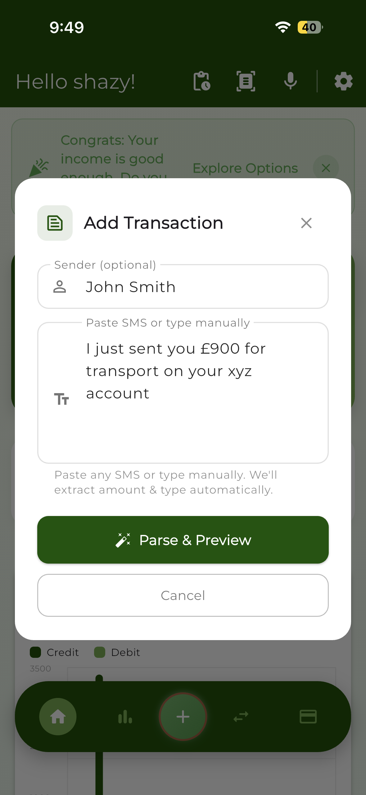 Zenpense SMS transaction parsing screen