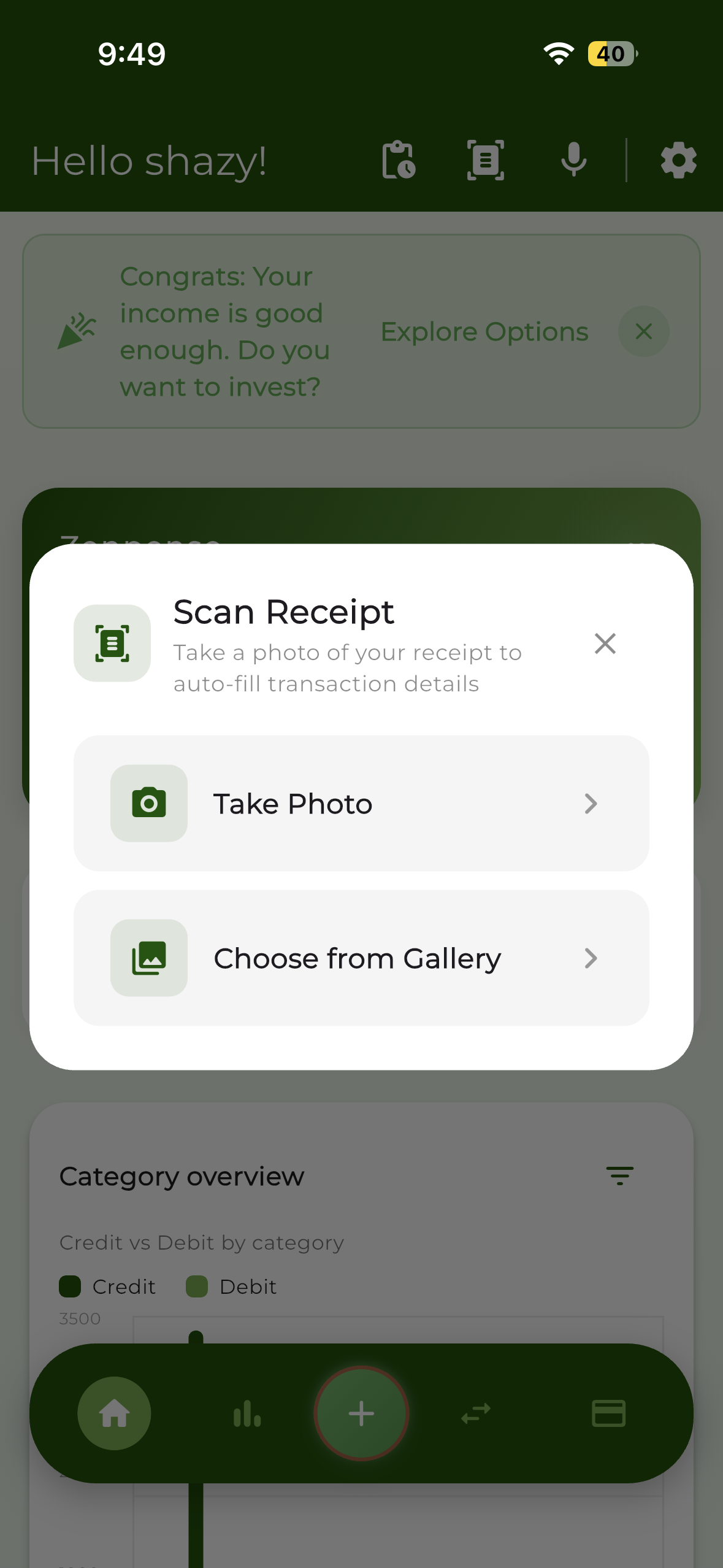 Zenpense receipt OCR scanner screen