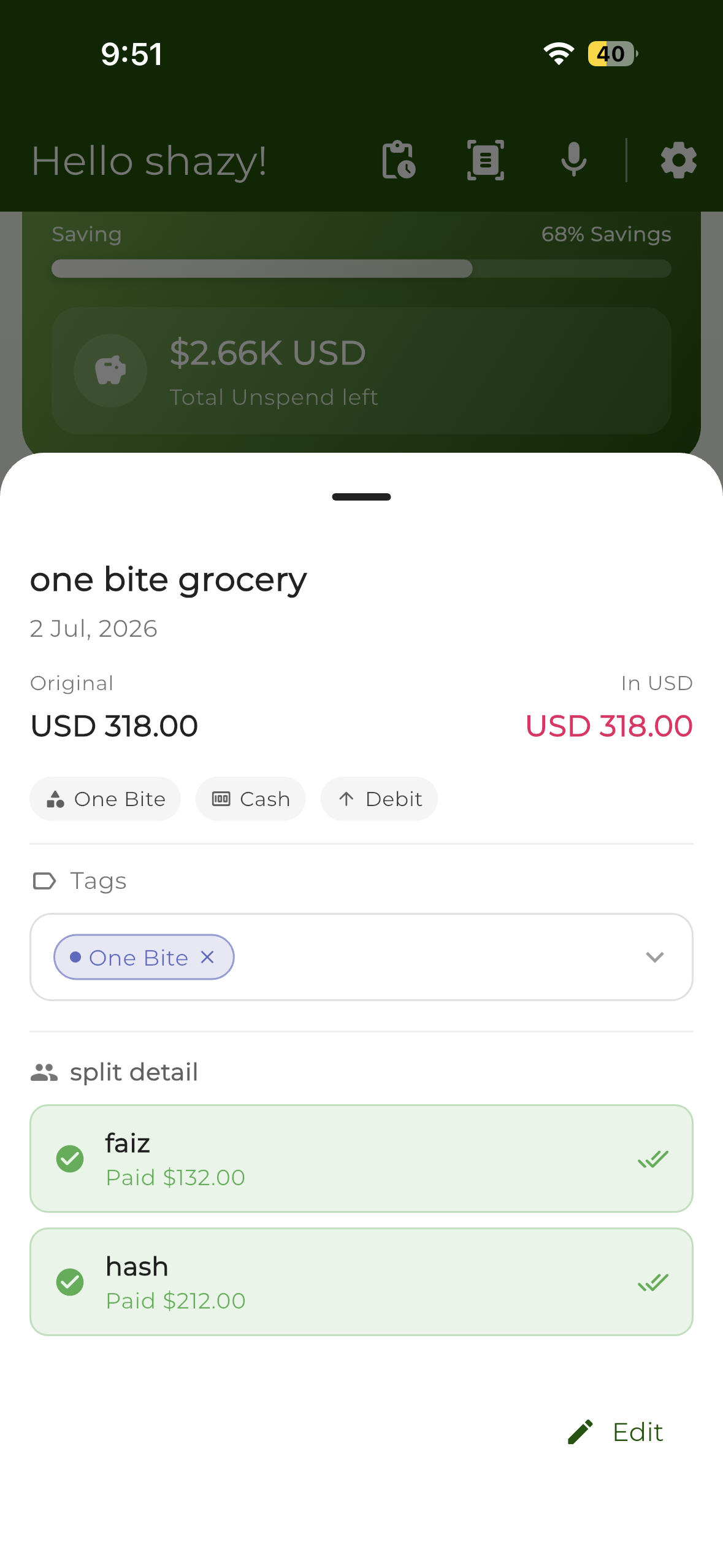 Zenpense business split detail screen
