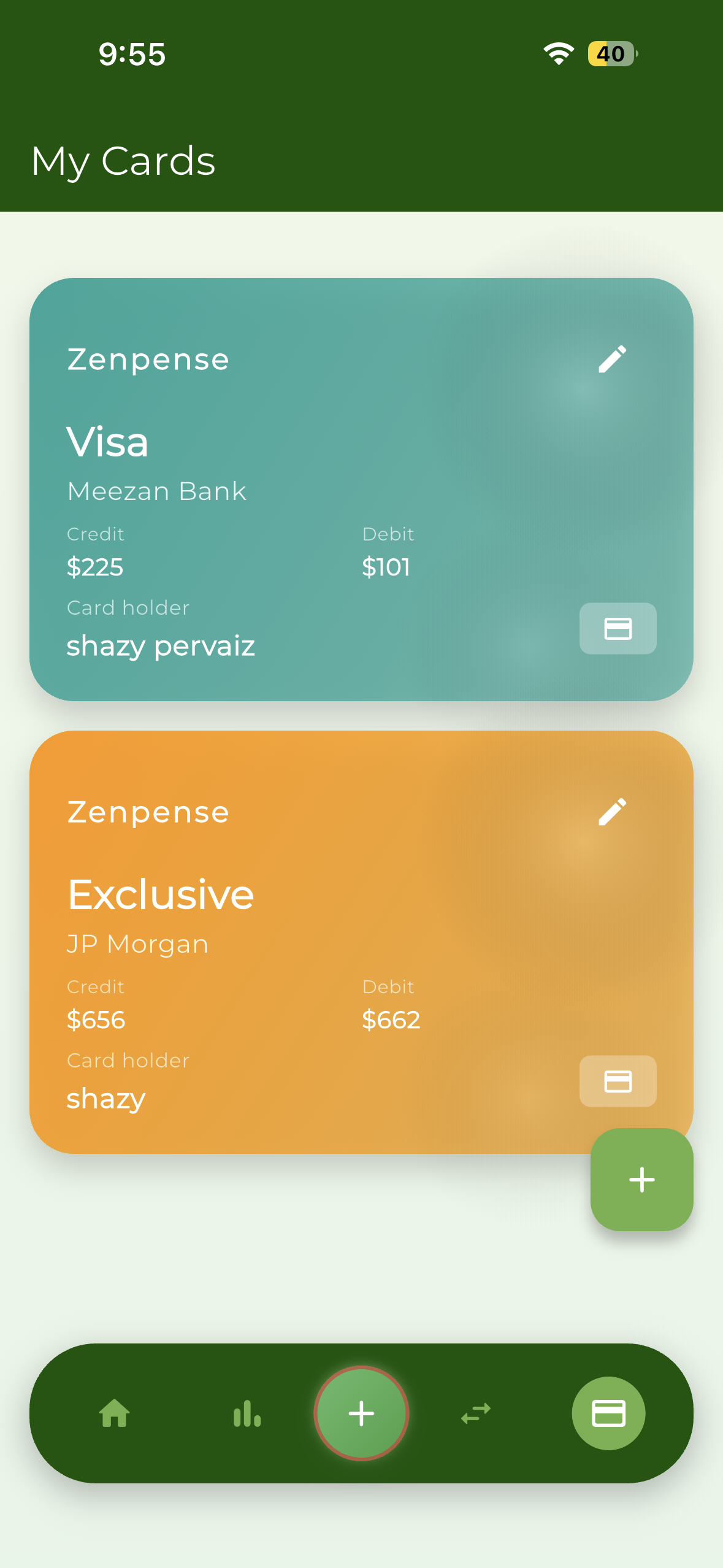 Zenpense cards management screen