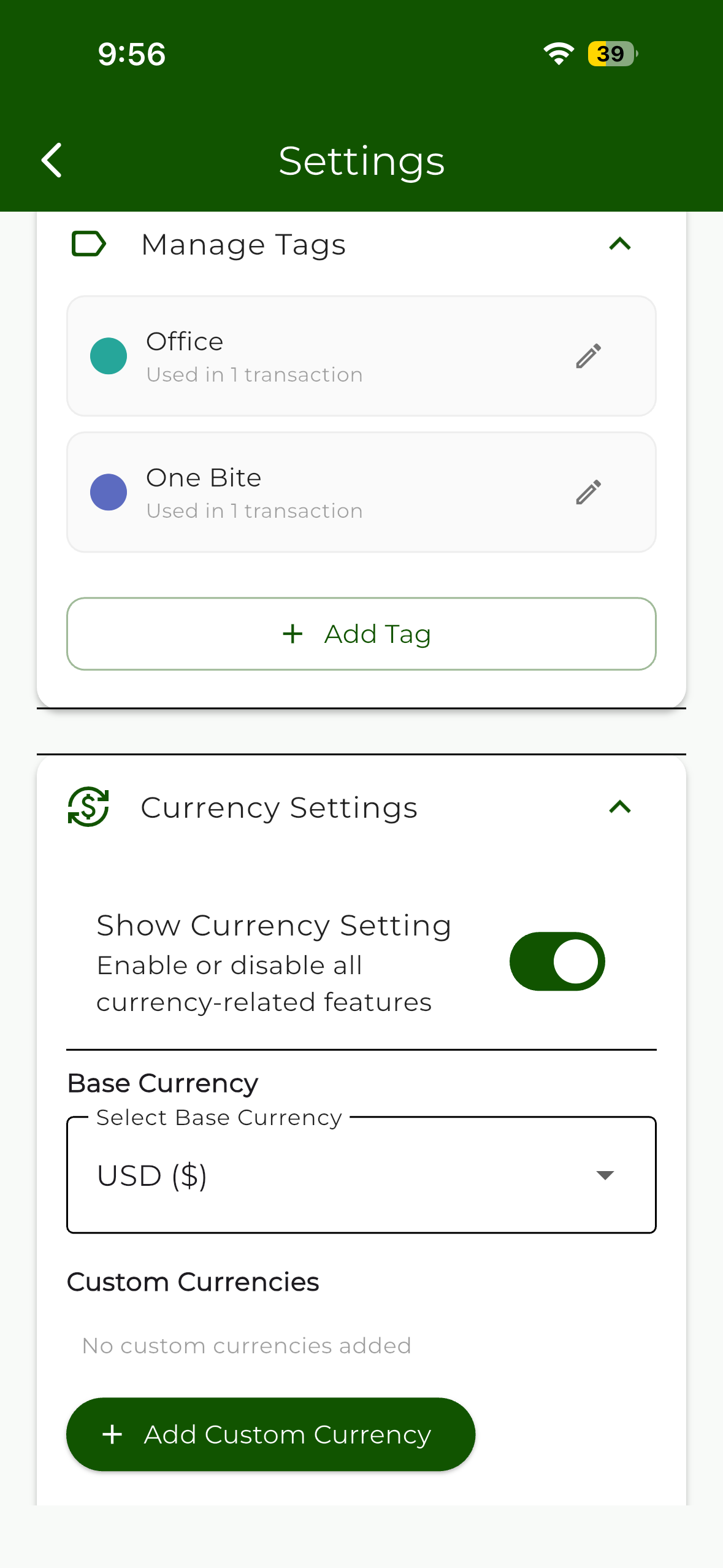 Zenpense currency and tag settings screen