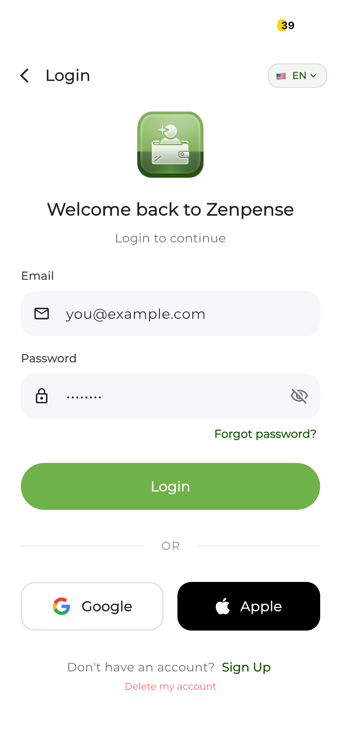 Zenpense secure login screen with Google and Apple sign-in